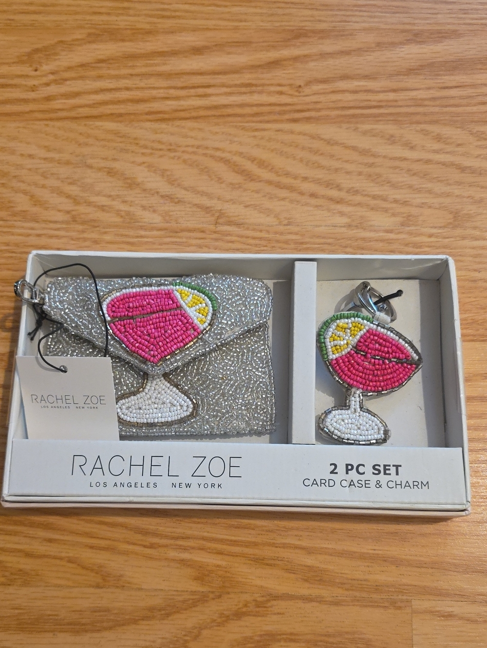 Rachel Zoe Silver Beaded Card Case with Pink Cocktail Charm